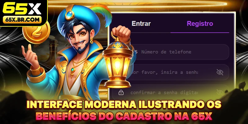 Interface moderna ilustrando os benefícios do cadastro na 65X